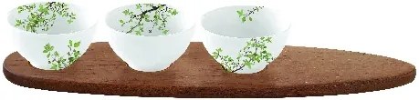 Porcelán 3db-os tálkaszett akácfa tálcán, 40x10,5cm, dobozban, Natura