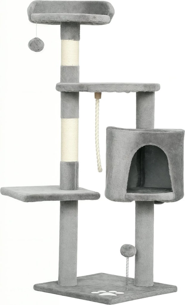 PawHut Többfunkciós MacskaFa Kaparóoszlopok Karperecek Rejtett Helyek Kötél Játékok 40L x 40W x 114H cm Szürke | Aosom