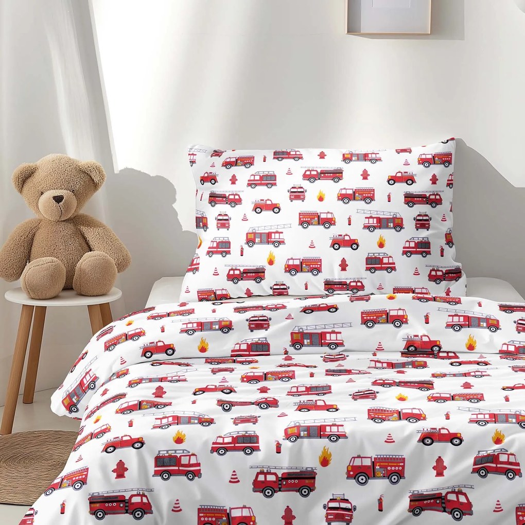 Goldea gyerek pamut ágyneműhuzat - tűzoltóautók 140 x 200 és 70 x 90 cm