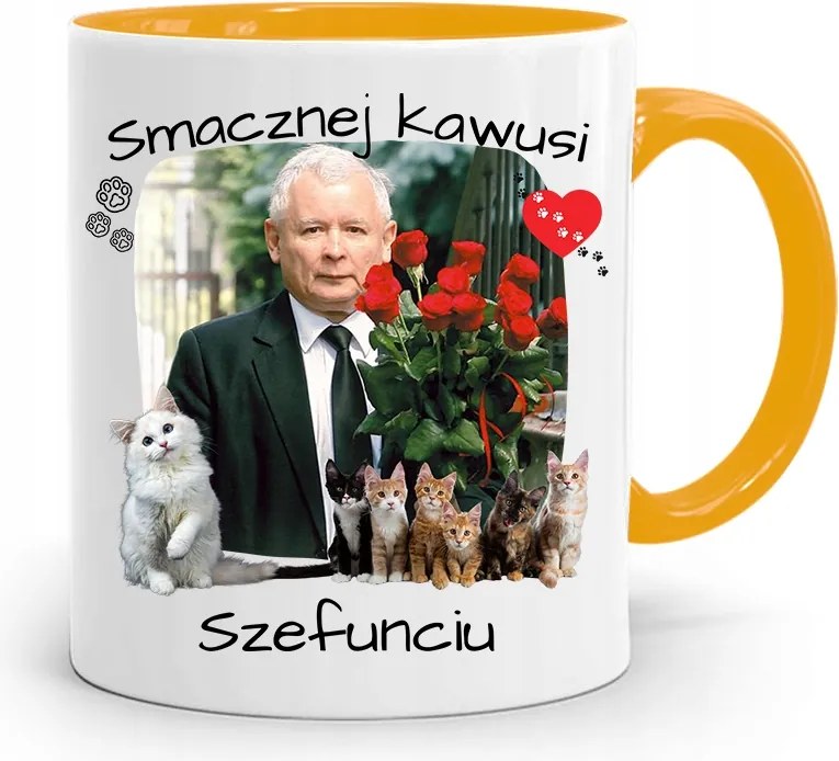 Sárga Vicces Bögre Jaroslaw Kaczynski felirattal, fényképpel