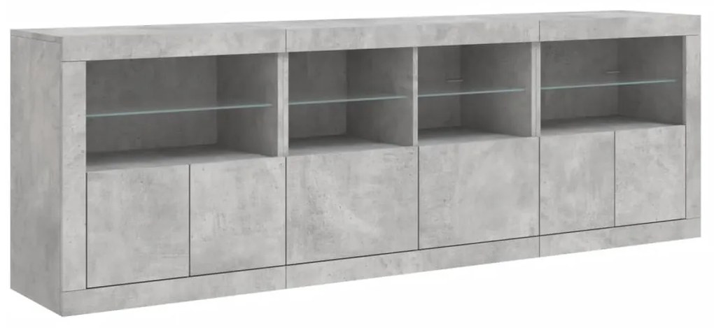 betonszürke tálalószekrény LED-világítással 202x37x67 cm