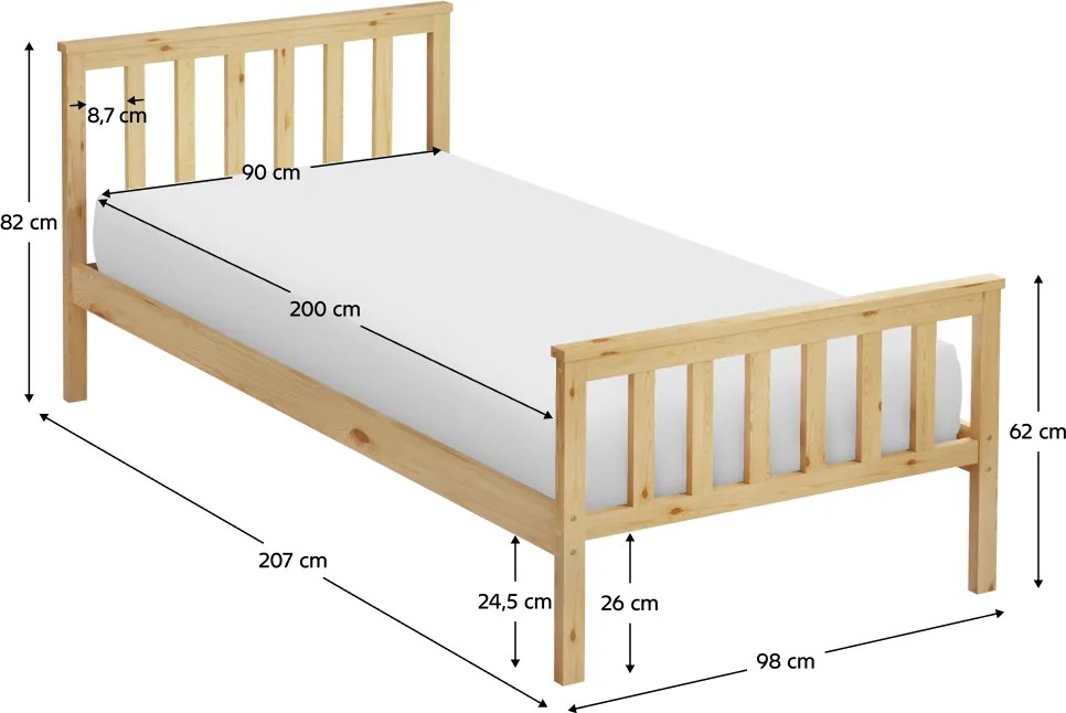 Ágy ágyráccsal, természetes, 90x200, ANATRA
