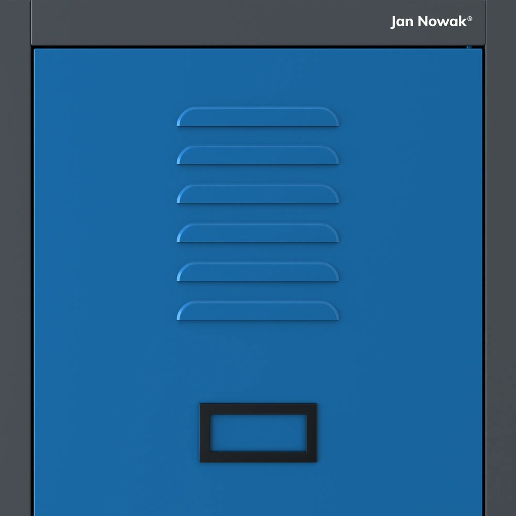 Pléh öltözőszekrény talpazaton, kétmodulos, polccal és köztes fallal KACPER, 800 x 1800 x 500 mm, antracit-kék