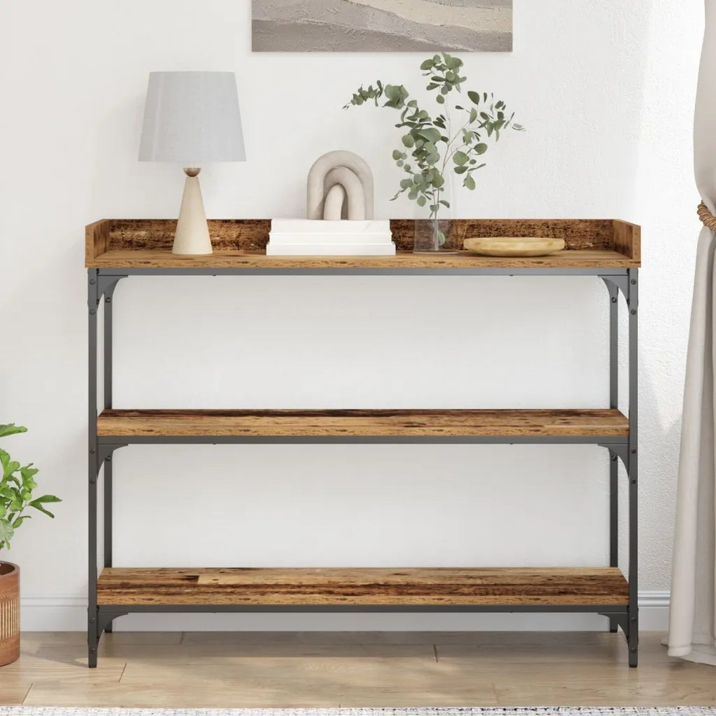 Konzol Asztal Régi Fa 100x30x80 cm Üvegszálas Fa és Acél
