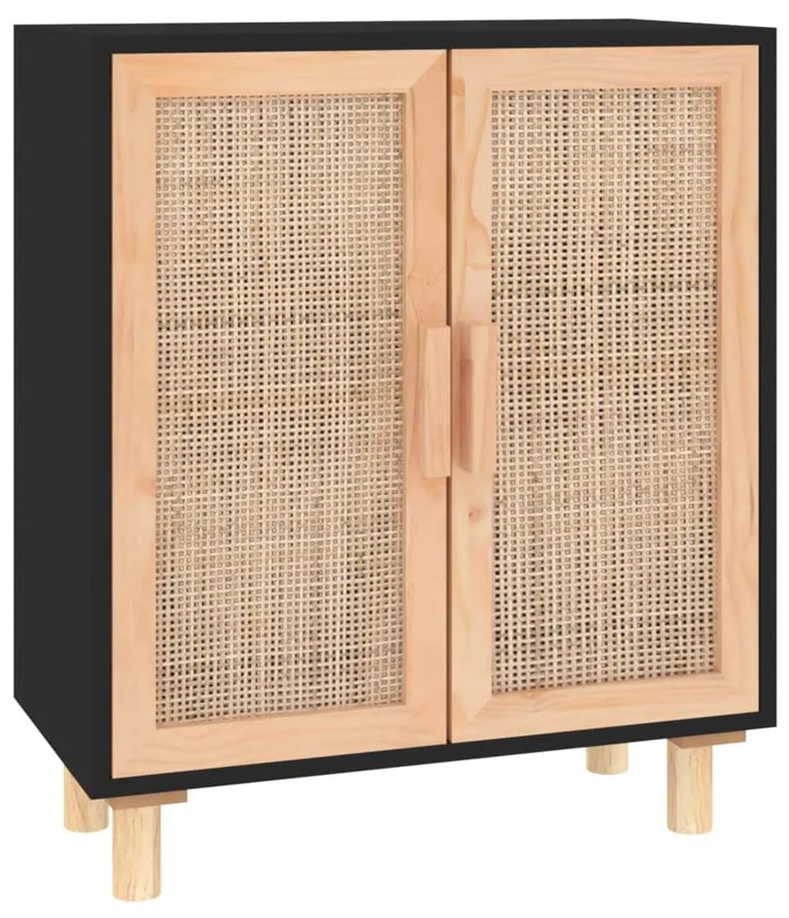 fekete tömör fenyő/természetes rattan tálalószekrény 60x30x70cm