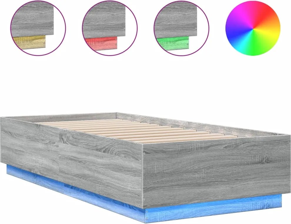 vidaXL szürke sonoma színű szerelt fa ágykeret LED-del 90 x 200 cm
