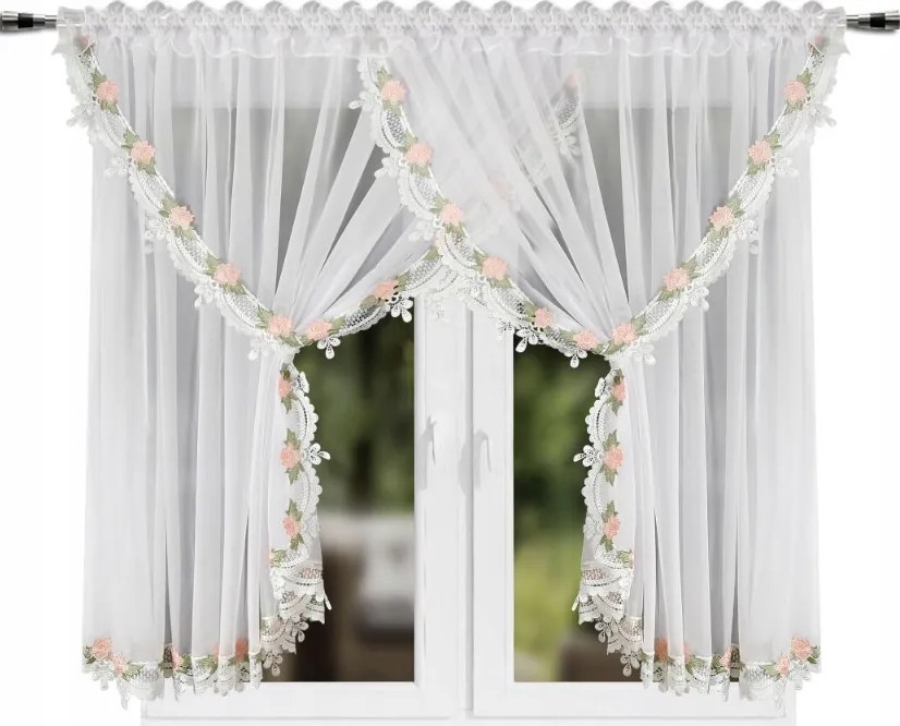 Függöny Kész 400 x 160 Gipsz Fátyol Hímzés Virágok Fehér
