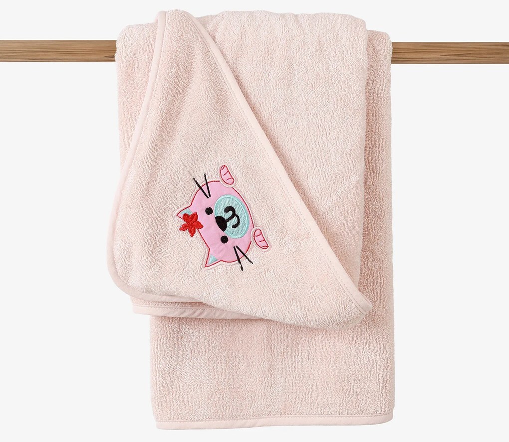 Goldea gyermek frottír fördőlepedő csuklyás - cicuka világos rózsaszínen 100 x 100 cm