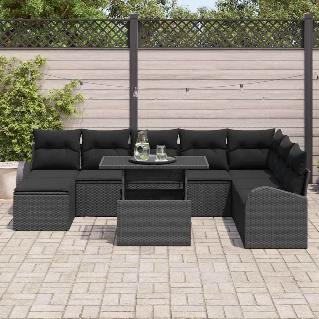Kerti Kanapé Szett 9 pcs Fekete Mű rattan, porszórt acél