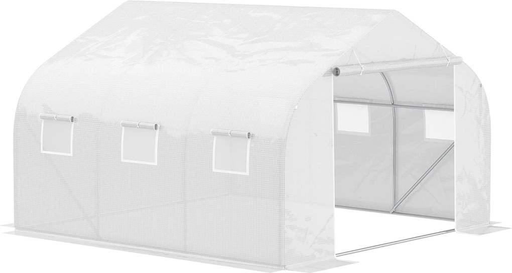 Outsunny Kültéri Alagútníház 445x300x205 cm 6 Ablakkal és 140 gsm PE Polietilén Borítással Növényekhez, Virágokhoz, Zöldségekhez White Teraszon | Aoso