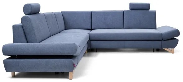 Kihúzható L-alakú kárpitozott sarokülőgarnitúra tárolóhellyel AVESTA kék