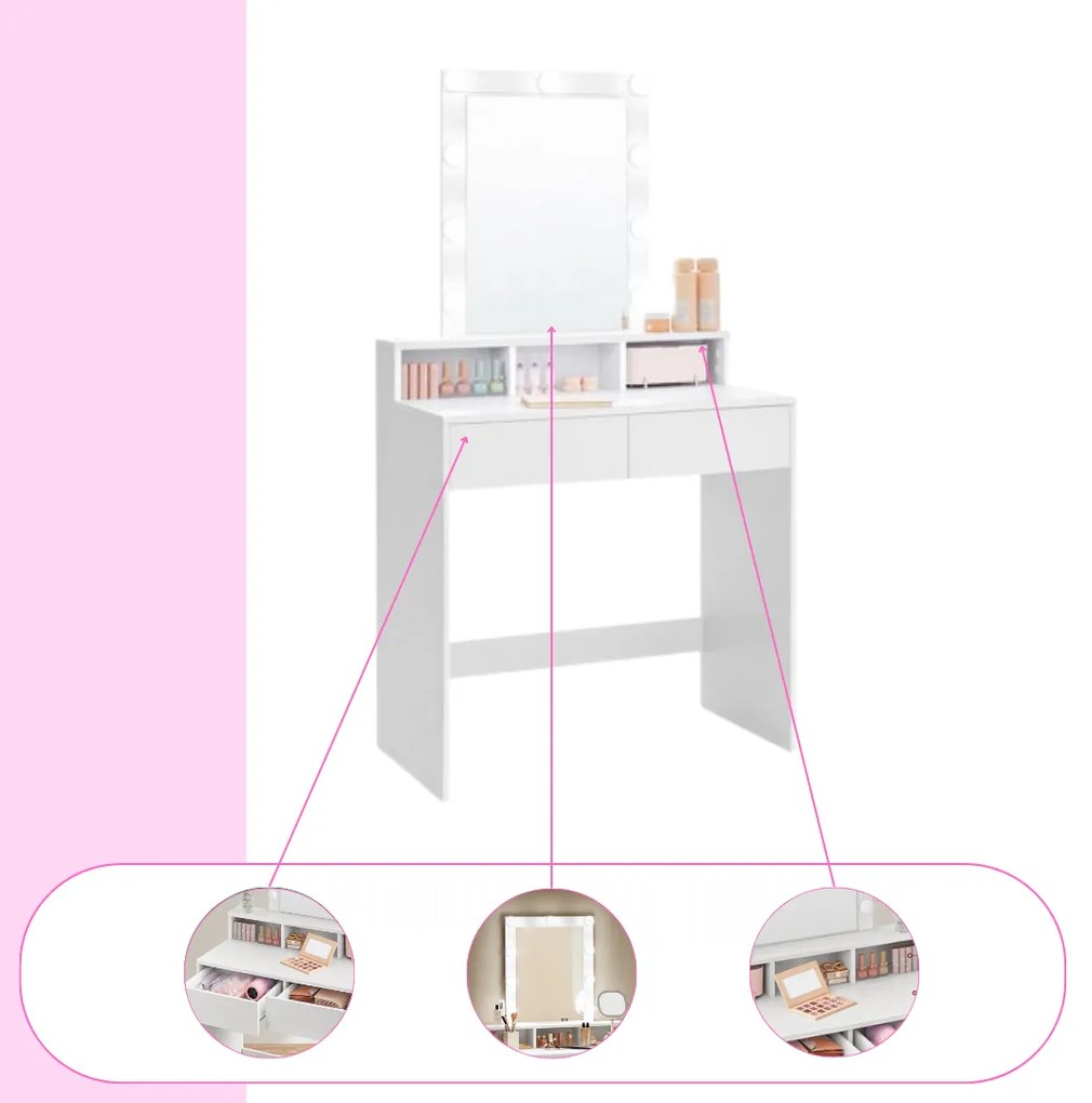 VANESA fésülködőasztal világítással, 80x40x145cm, fehér Jurhan