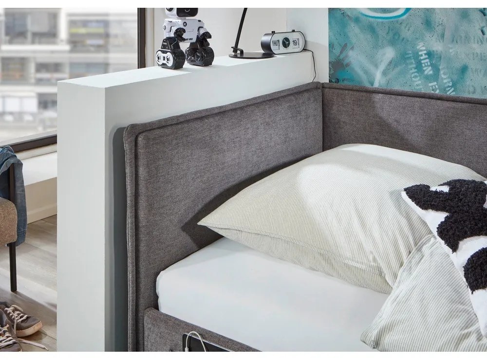 Szürke kárpitozott ágyneműtartós sarok gyerekágy ágyráccsal 120x200 cm Fun – Meise Möbel