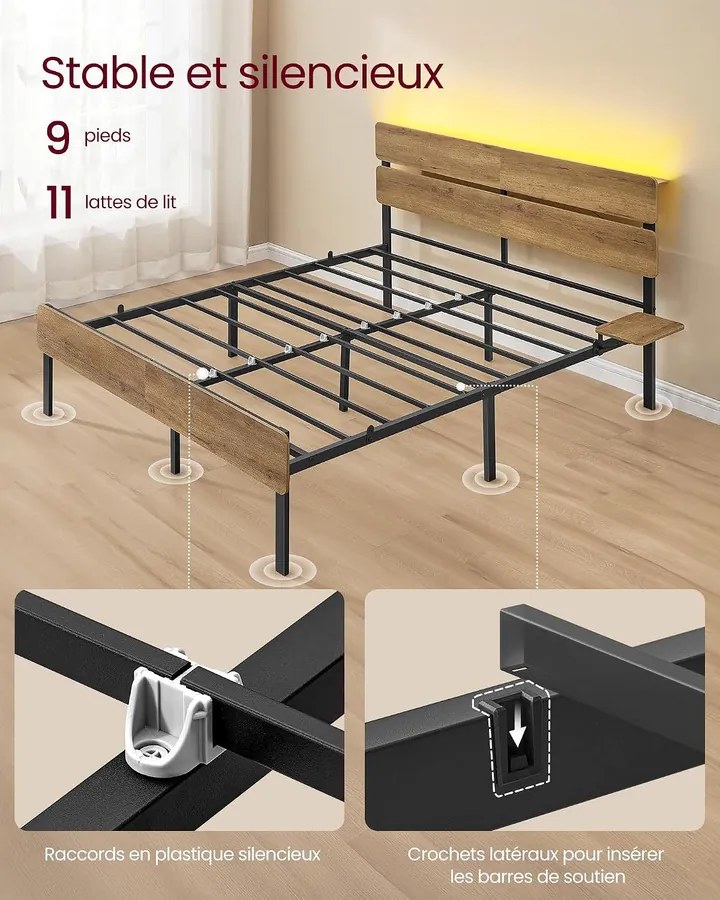 Vasagle fém ágykeret LED-del és USB-vel, 140x190 cm – Barnet