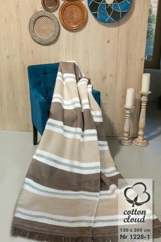 Pamut akril takaró 150x200 csíkos bézs barna ekrü ágytakaró pléd