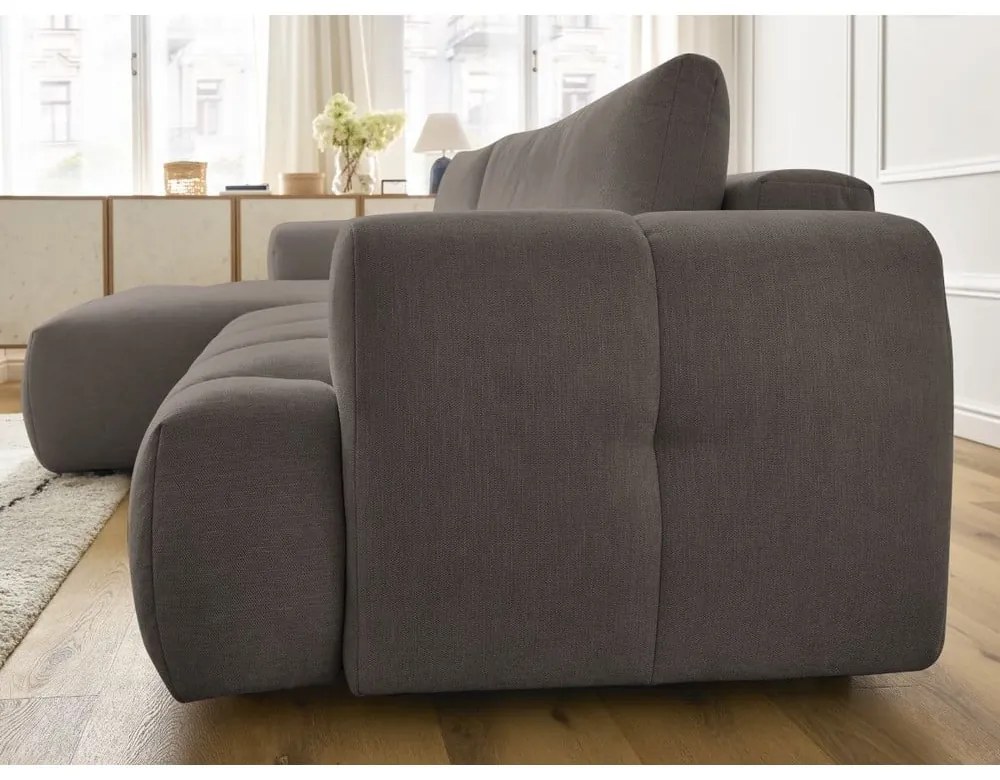 Szürkésbarna kinyitható-tárolóhelyes sarokkanapé (bal oldali-heverő résszel) Fuji – Bobochic Paris