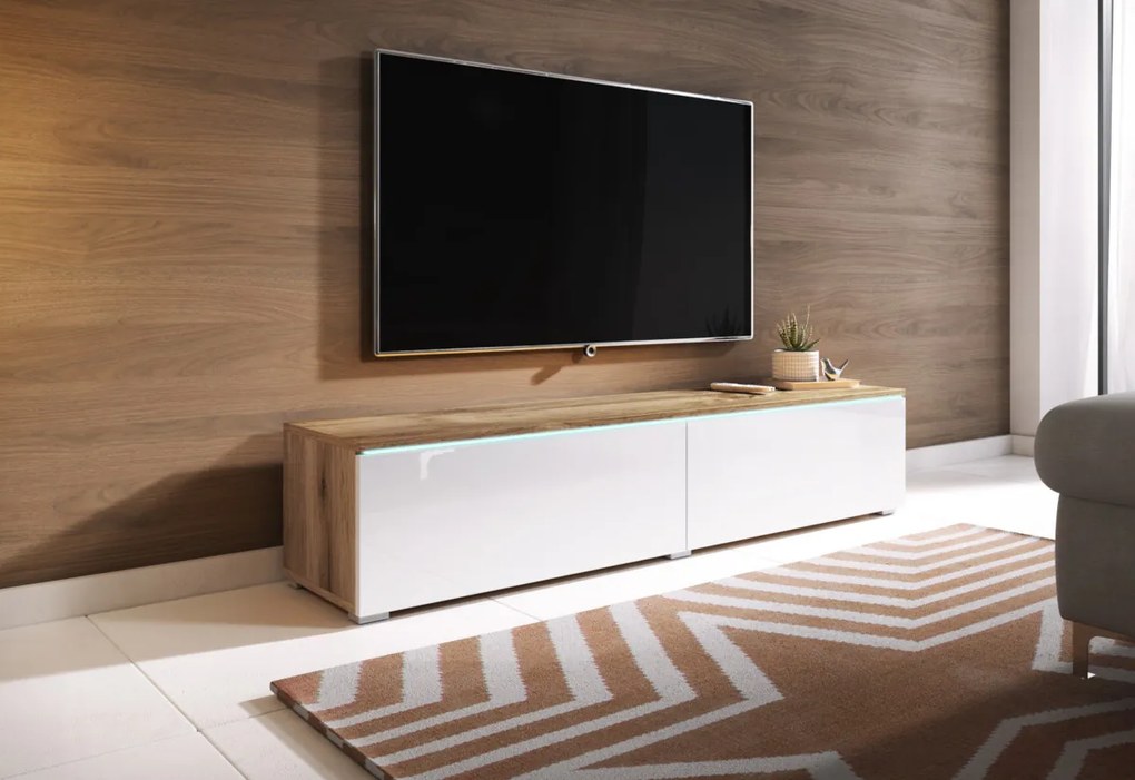 MENDES D 140 TV asztal, 140x30x32, fehér/fehér fényes