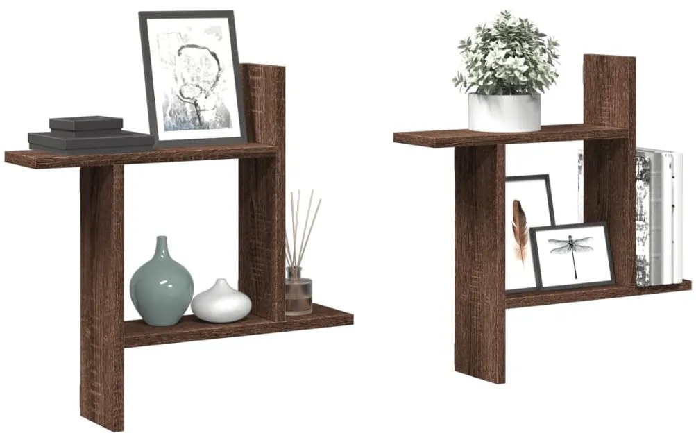 2 db barna tölgyszínű szerelt fa fali polc 50 x 12 x 50 cm