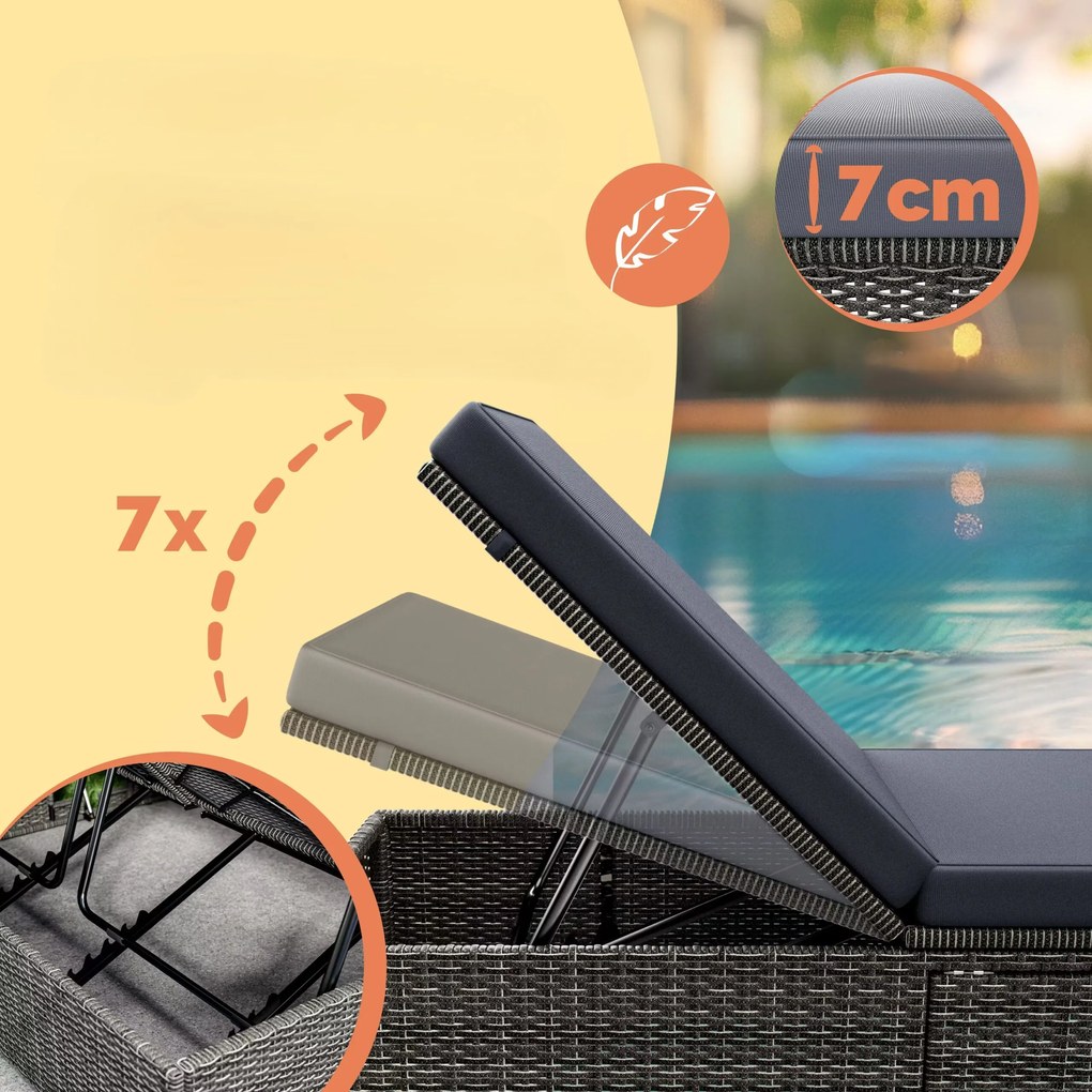 Casaria® Kerti rattan napozóágy szürke - antracit párna