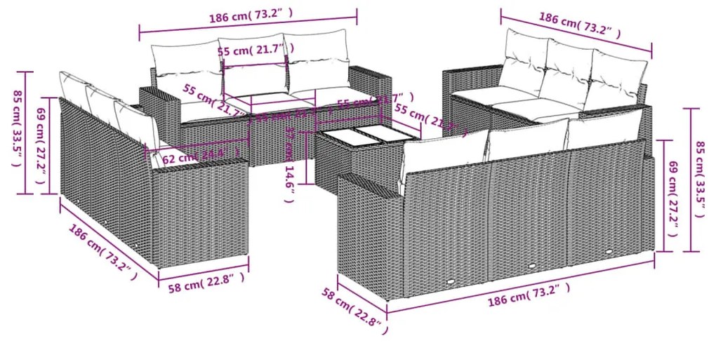 vidaXL 13 részes bézs polyrattan kerti ülőgarnitúra párnákkal