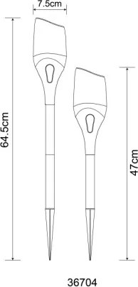 Globo 36704 Solar lámpa, műanyag fekete matt, műanyag átlátszó, műanyag fehér, nyomáskapcsoló, tűzhatás, akkumulátorral: AA 800mAh 1,2V, IP44, ø: 75mm, M: 645mm, 2 magasság lehetséges, 64,5 cm vagy 47 cm, tartozék:12x LED 0,2 W 3V, 1600K