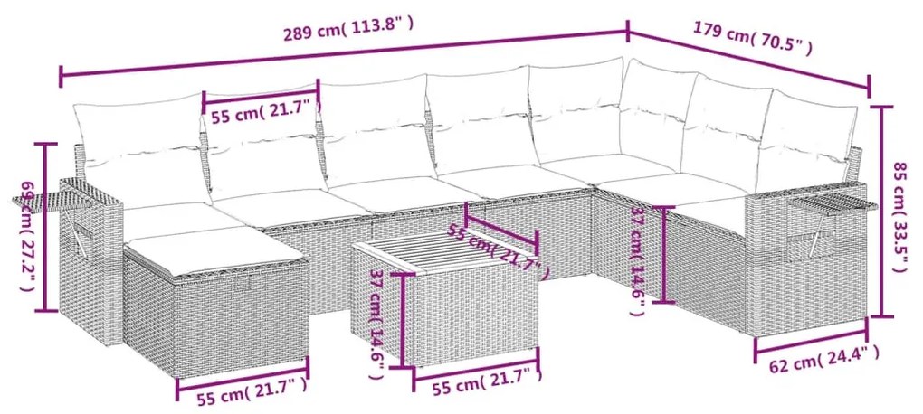 9 részes bézs polyrattan kerti ülőgarnitúra párnákkal