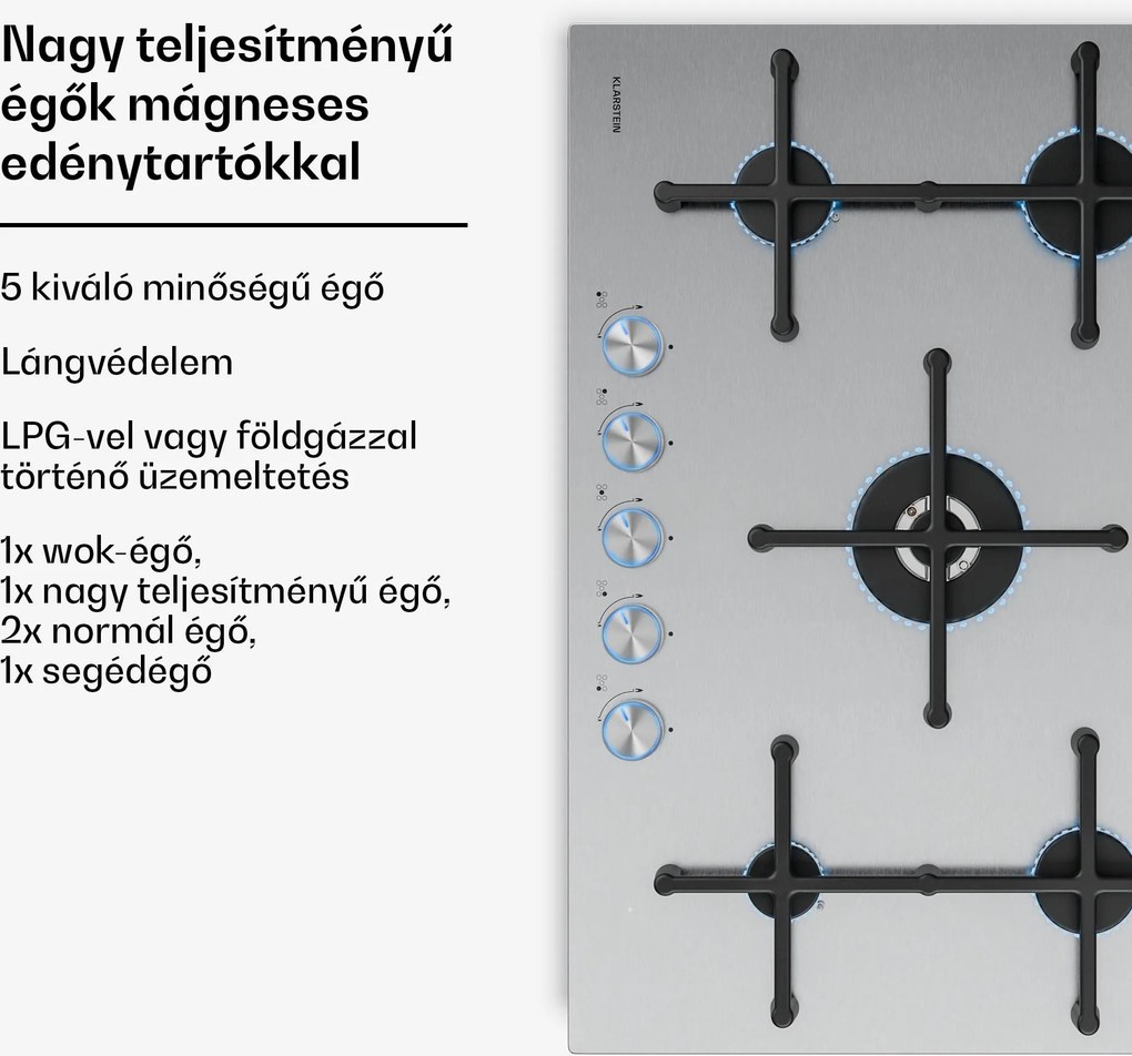 Klarstein Illuminosa 5 gázfőzőlap 5 égővel Sabaf égőkkel rozsdamentes acélból