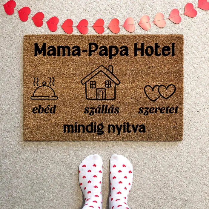 Mama, Papa hotel vicces feliratos kókusz lábtörlő - több méretben (Válassz méretet: 80*50 cm, Válassz szállítási opciót: Normál szállítást kérek)