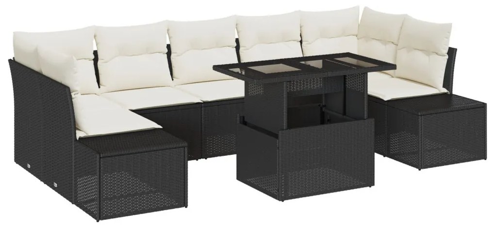 8 Részes Kert Sofa Készlet Párnákkal Fekete Poli Rattan