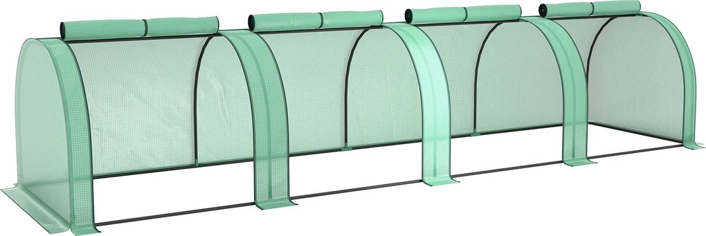 Outsunny Mini Kert Üvegház mini alagút üvegház paradicsom üvegház 4 x 1 x 0,8 m Acél Magas sűrűségű PE 140 g/m² UV-álló 4 húzózippes ajtóval Zöld | Ao