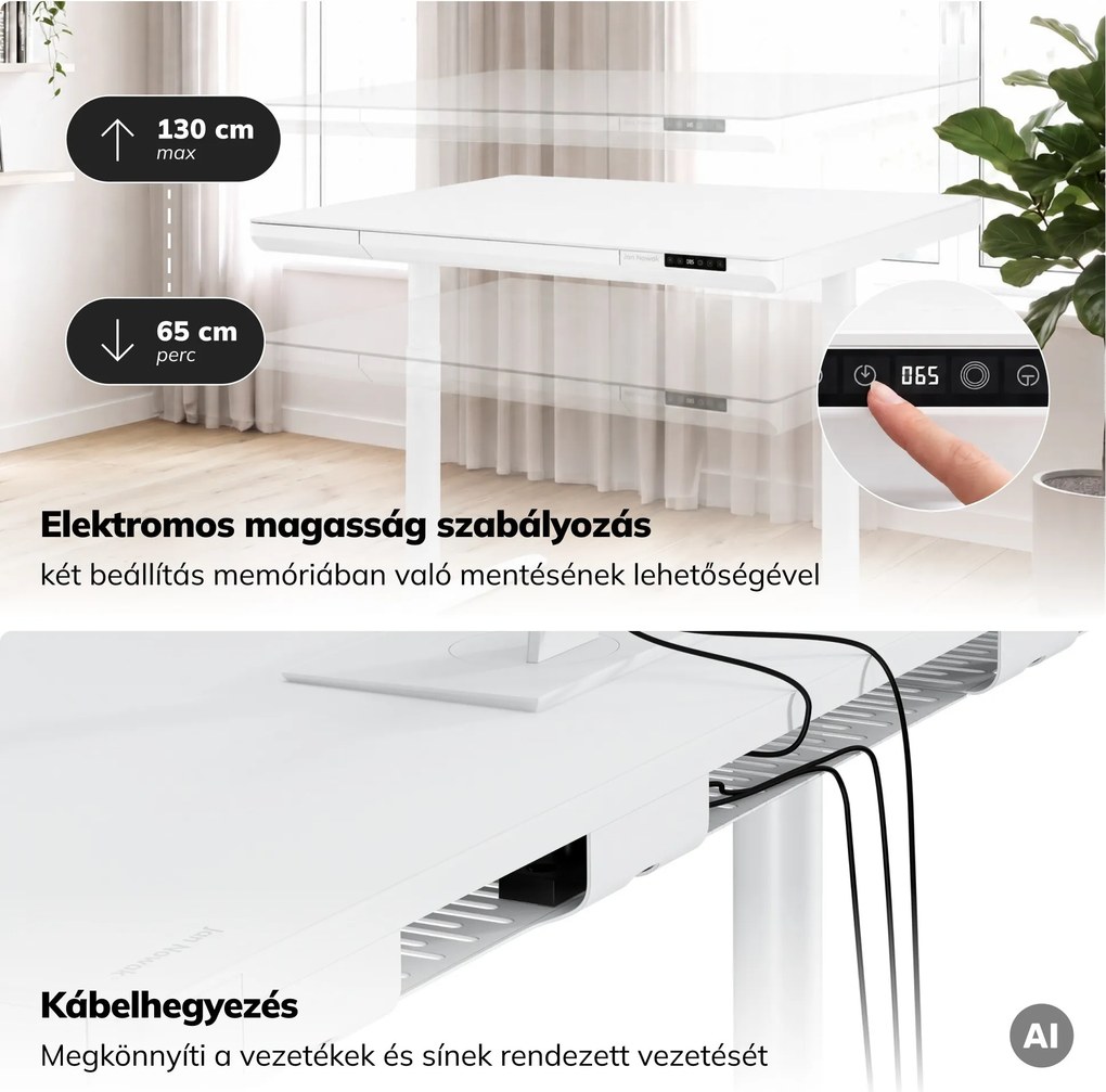 Elektromos ülő-álló íróasztal fiókkal és Qi vezeték nélküli töltővel fehér, 1600 mm: ELLIS