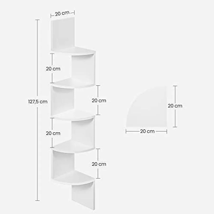 Sarokpolc falra szerelhető , 5 szintes lebegő sarokpolc 20x20x126 cm, fehér