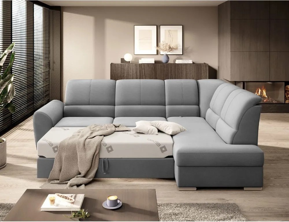 Szürke bársony kinyitható-tárolóhelyes sarokkanapé (jobb oldali-L alakú) Siber – ELTAP