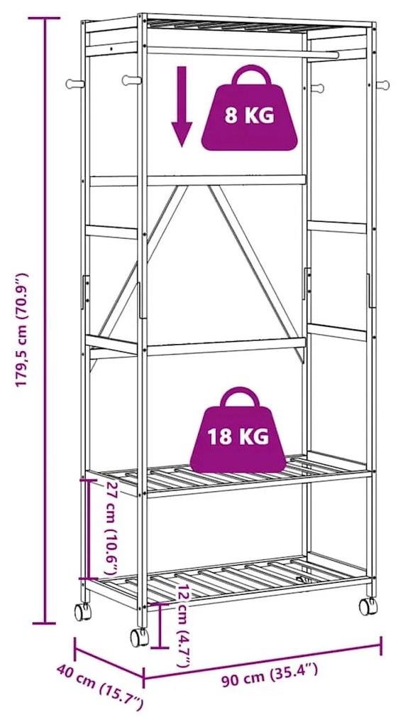 bambusz ruhaállvány polcokkal és kerekekkel 90x40x179,5 cm