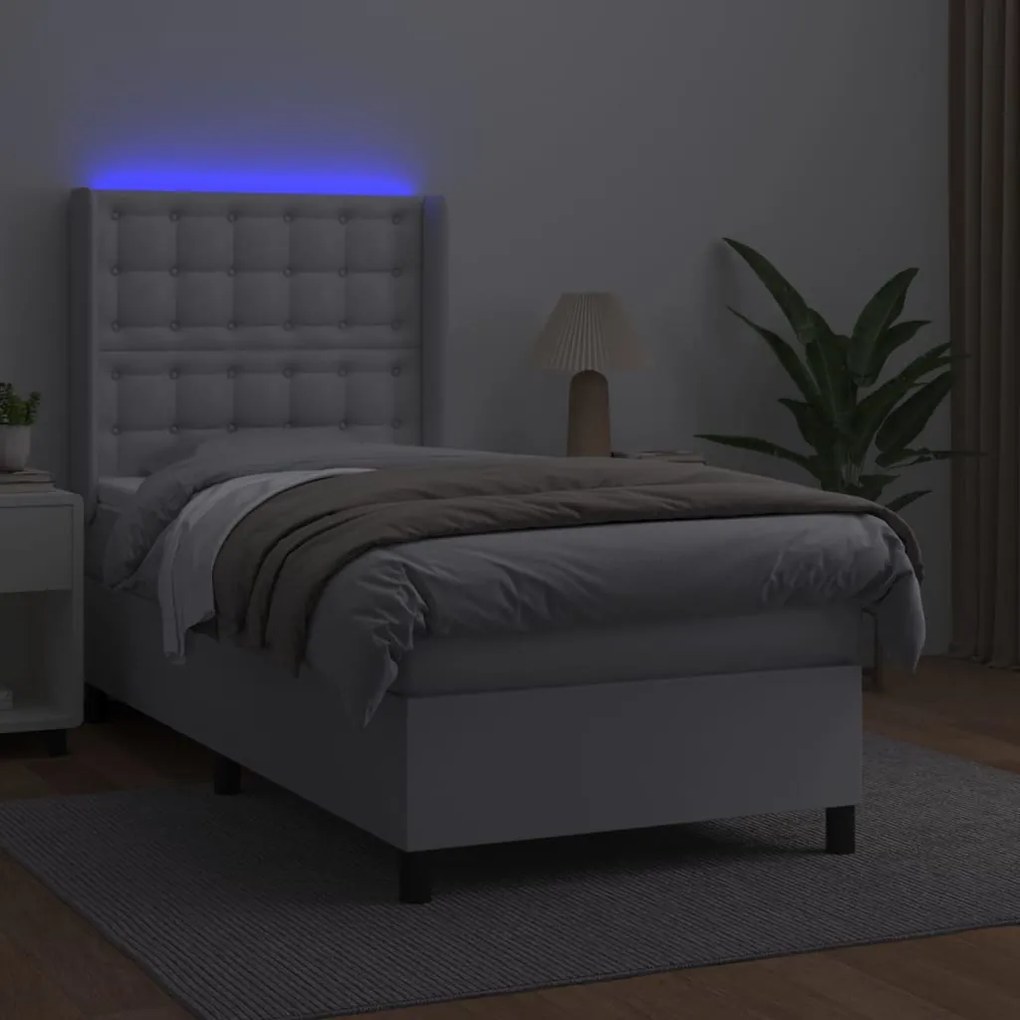 fehér műbőr rugós ágy matraccal és LED-del 80 x 200 cm