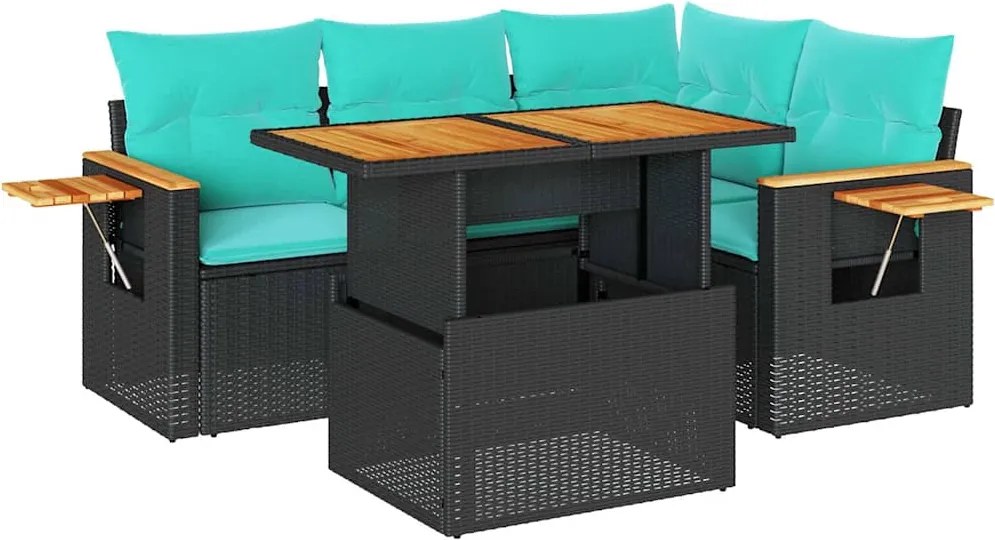 vidaXL 5 részes fekete polyrattan akácfa kerti kanapészett párnákkal