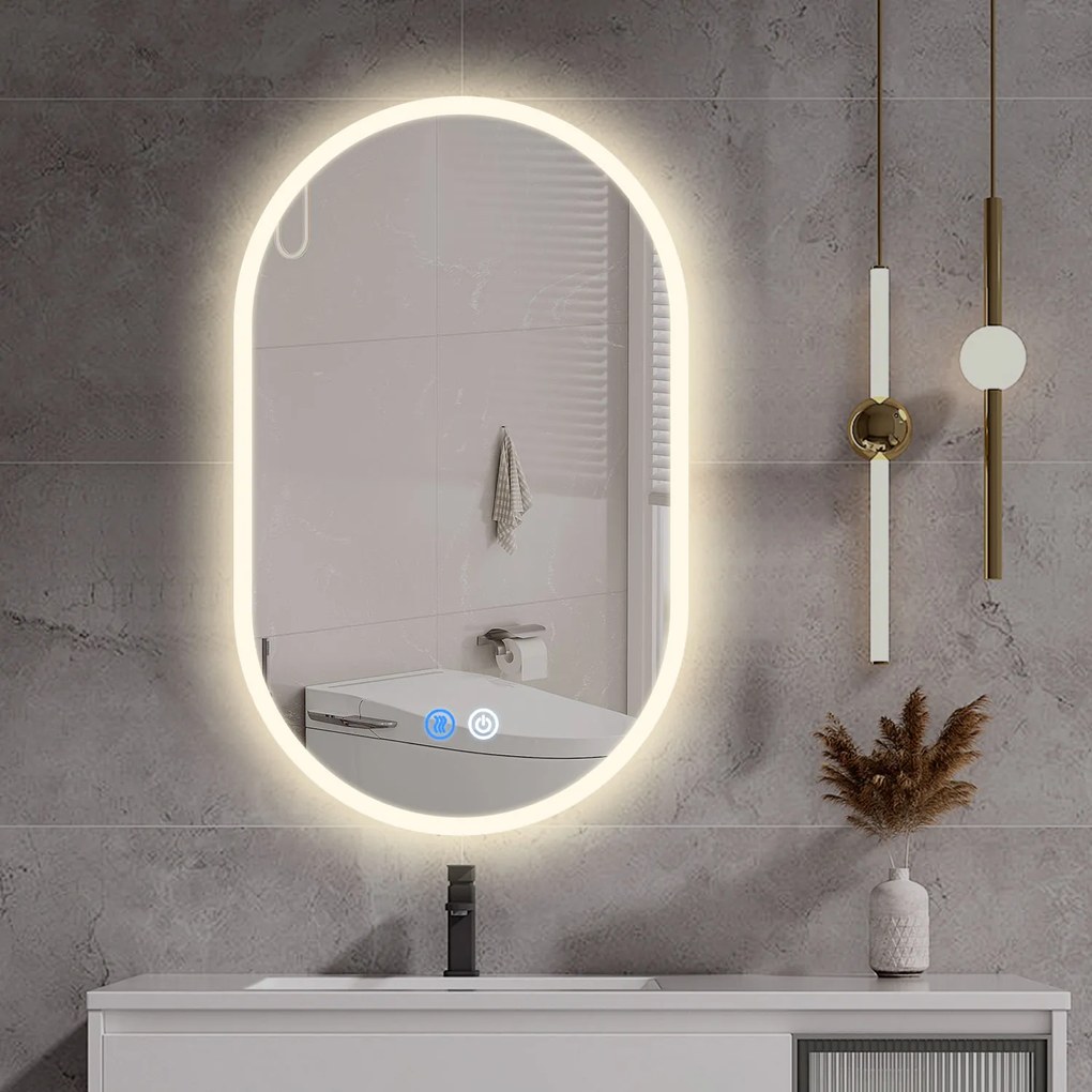Erga Demi, ovális LED tükör 60x90cm, 3 színű fény, első világítás, páramentes fűtőbetét, ERG-V01-Demi-6090-CL
