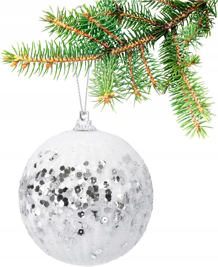Karácsonyfadísz fehér alap ezüst csillogó flitterekkel nagy 8cm