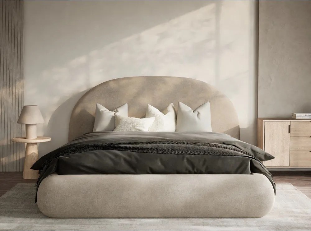 Bézs kárpitozott ágyneműtartós franciaágy ágyráccsal 180x200 cm Maumere – Maison de Rêve