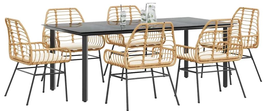 vidaXL 7 észes barna polyrattan üveg kerti étkezőgarnitúra párnával