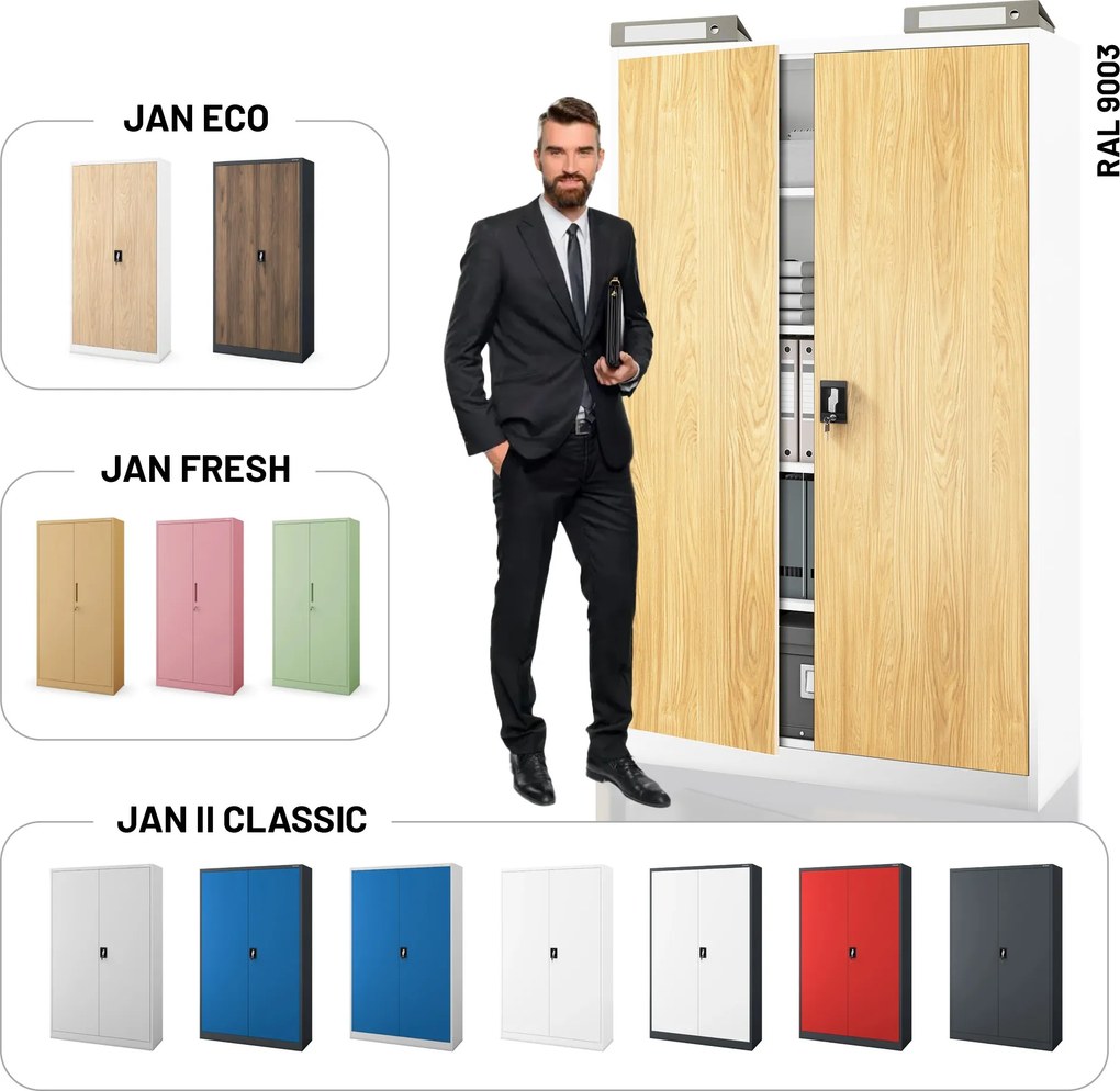 Fém irodai iratszekrény, széles, fehér/arany tölgy, 1150x1850x400 mm: JAN II Eco Design