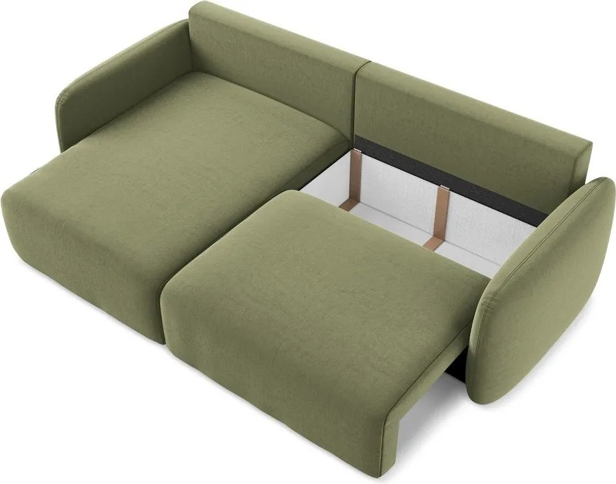 Zöld bársony kinyitható-tárolóhelyes sarokkanapé (bal oldali-heverő résszel) Kalena – Makamii