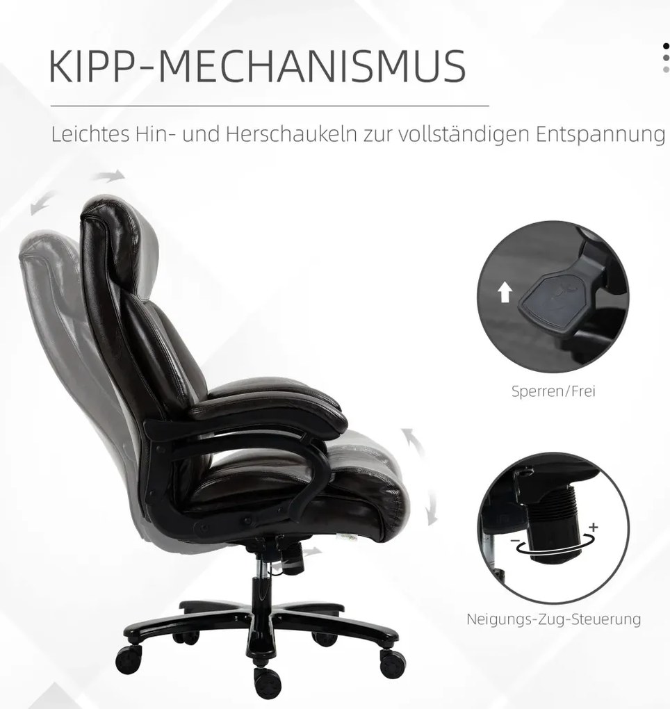 Vinsetto Főnöki irodai szék, 180 kg teherbírás, ergonomikus kialakítás, állítható magasságú, műbőr, barna.