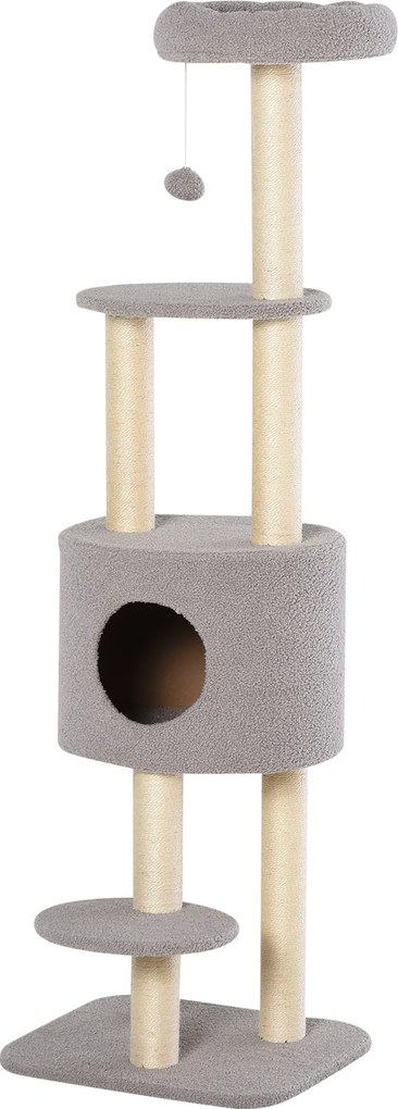 PawHut Macska Kaparófa 148 cm magasságú Macska Torony Zsinegre A csomagban 3 platformmal, házikóval és lógó labdával – Szürke | Aosom