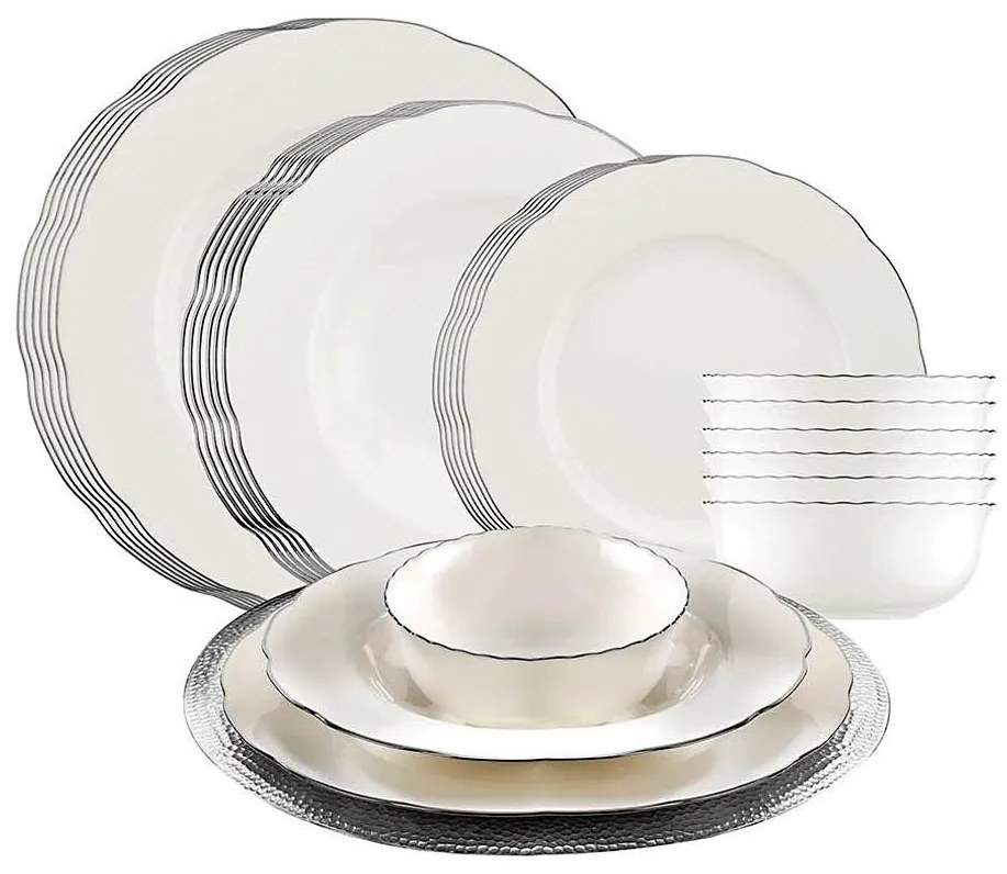 24 darabos porcelán étkészlet, fehér/ezüst