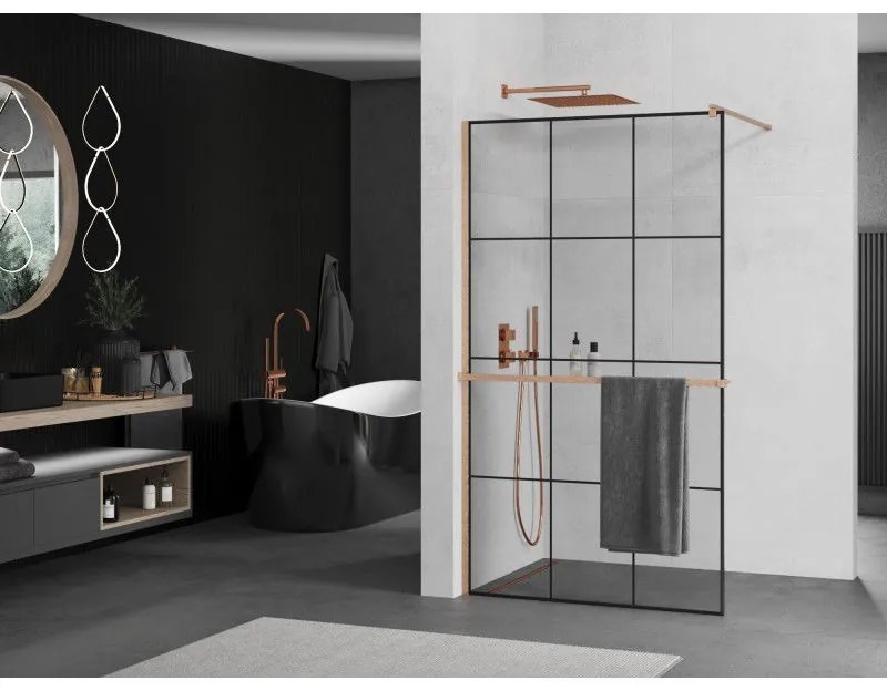 Mexen Kioto+, Walk-In zuhanyparaván polccal és akasztóval 100 x 200 cm, 8 mm átlátszó üveg fekete mintás, réz matt profil, 800-100-121-65-77