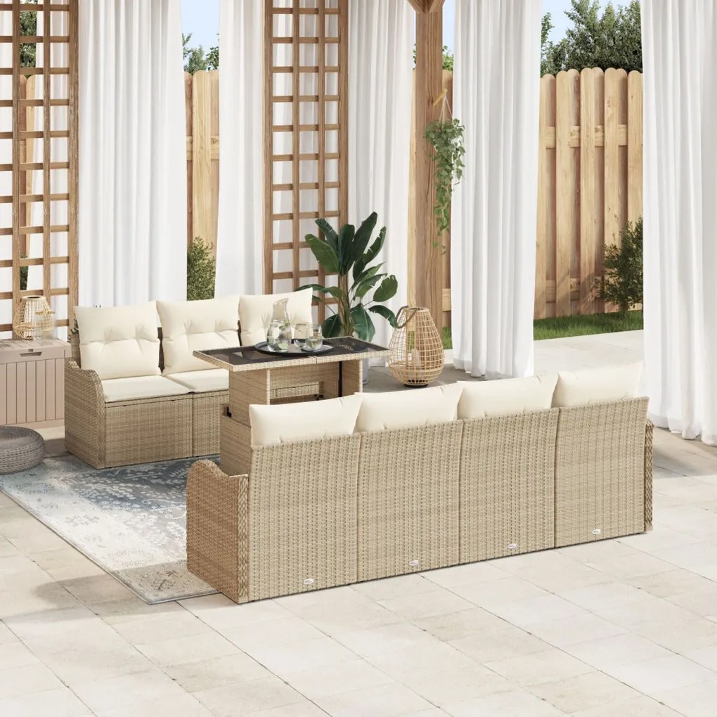 8 részes kerti kanapészett párnákkal bézs poly rattan, 2-személyes kerti kanapé párnákkal bézs poly rattan