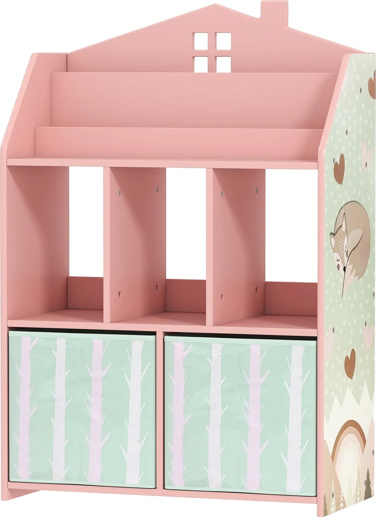 AIYAPLAY gyerekpolc textilfiókokkal és nyitott polcokkal, róka mintával — játékok tárolója, rózsaszín | Aosom