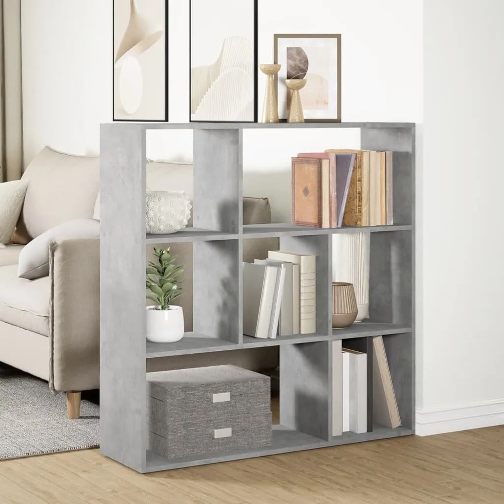 betonszürke szerelt fa elválasztó könyvespolc 102x29x103,5 cm