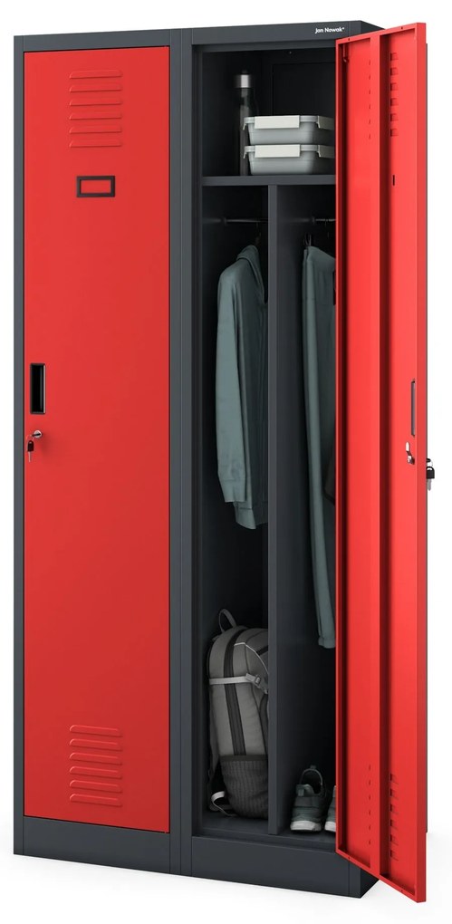 Pléh öltözőszekrény talpazaton, kétmodulos, polccal és köztes fallal KACPER, 800 x 1800 x 500 mm, antracit-piros